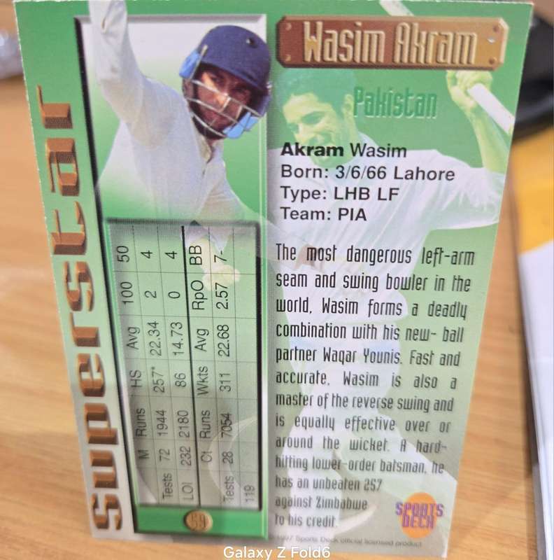 WASIM AKRAM (Pakistan) 1997 South Africa SPORTS DECK CRICKET SUPERSTAR CARD #59