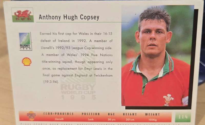 ANTHONY COPSEY - SPORTS DECK `RUGBY WORLD CUP 95` - BASE TRADING CARD 114