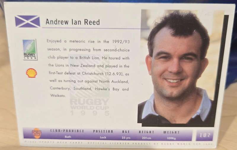 ANDY REED - SCOTLAND - 1995 RUGBY WORLD CUP SPORTS DECK CARD NR 107