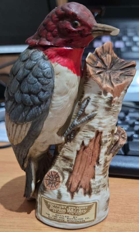1975 -- Red Headed Woodpecker Decanter -- Jon-Sol Bottling Company WIsconsin