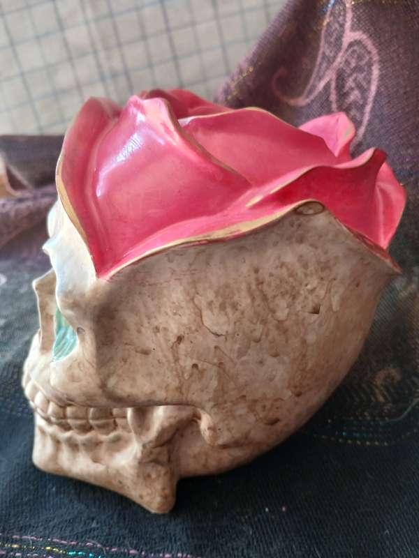 Hand-Cast Skull Planter with Rose  22cm Gothic Flowerpot for Home & Garden