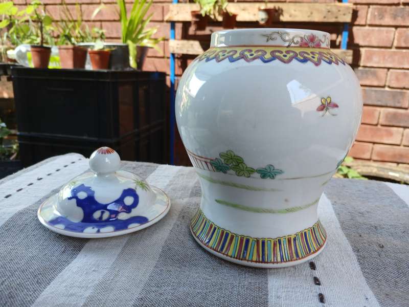 Antique Chinese Lidded Ginger Jar  Hand-Painted Porcelain, Famille Rose Style