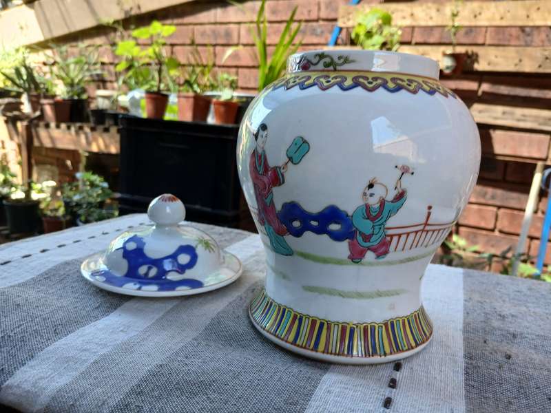 Antique Chinese Lidded Ginger Jar  Hand-Painted Porcelain, Famille Rose Style