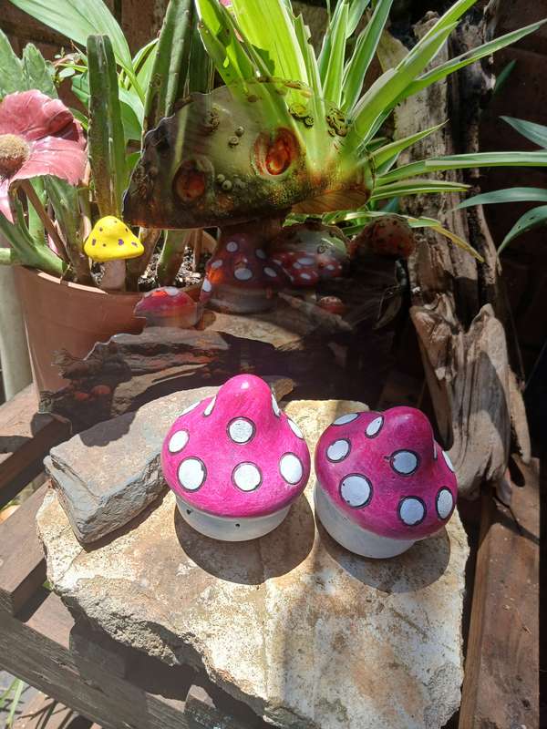 Hand-Cast & Painted Chunky Mushroom Statue Set  Whimsical Garden Decor