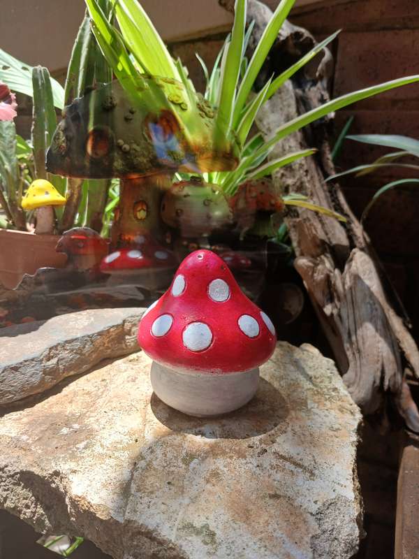 Hand-Cast & Painted Chunky Mushroom Garden Statue  Whimsical Outdoor Decor