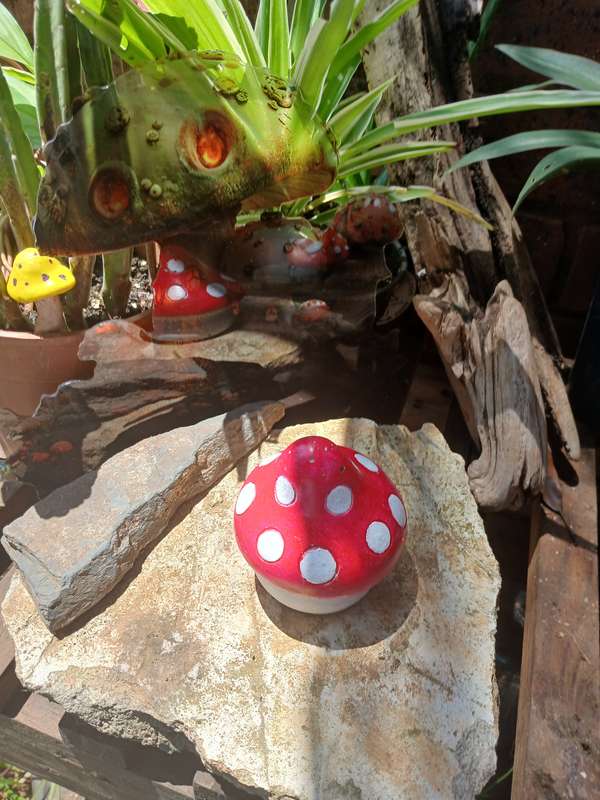 Hand-Cast & Painted Chunky Mushroom Garden Statue  Whimsical Outdoor Decor