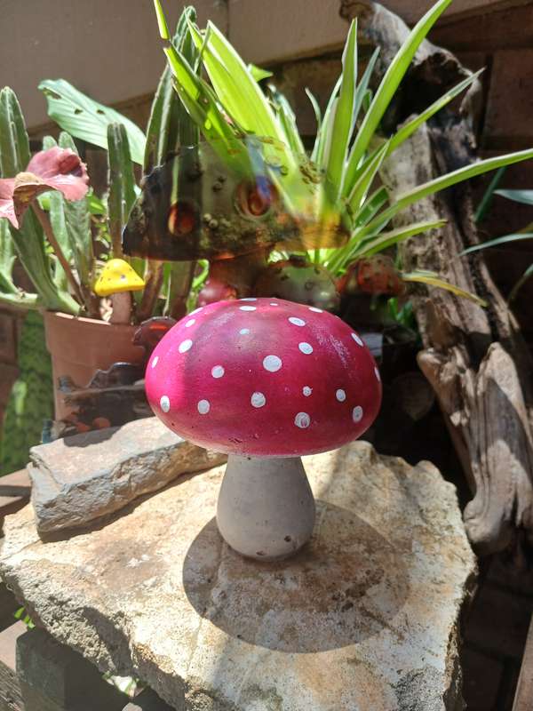Hand-Cast & Painted Red and White Mushroom Garden Statue  Whimsical Outdoor Decor
