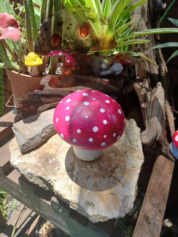 Hand-Cast & Painted Red and White Mushroom Garden Statue  Whimsical Outdoor Decor