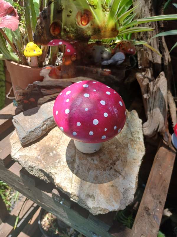 Hand-Cast & Painted Red and White Mushroom Garden Statue  Whimsical Outdoor Decor