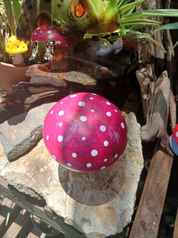 Hand-Cast & Painted Red and White Mushroom Garden Statue  Whimsical Outdoor Decor