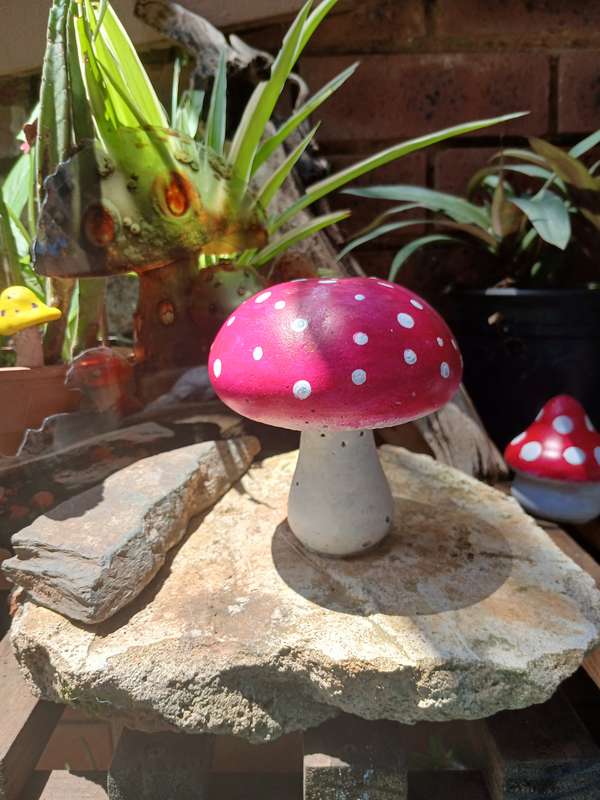 Hand-Cast & Painted Red and White Mushroom Garden Statue  Whimsical Outdoor Decor