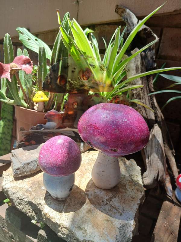 Hand-Cast & Painted Freckled Mushroom Garden Statue Set  Whimsical Outdoor Decor