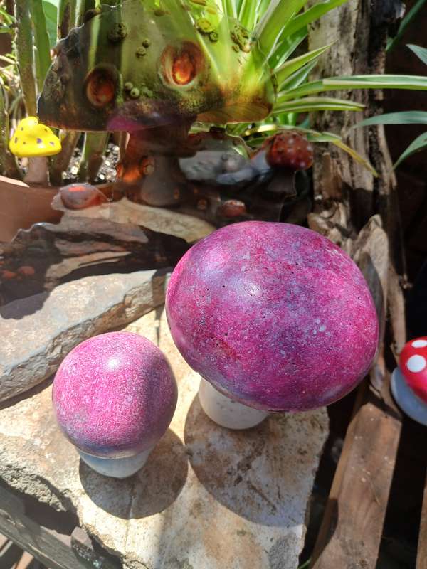 Hand-Cast & Painted Freckled Mushroom Garden Statue Set  Whimsical Outdoor Decor