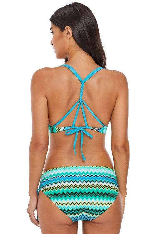 Greenish Zigzag Print Strappy Bikini Swimsuit - Size : Medium