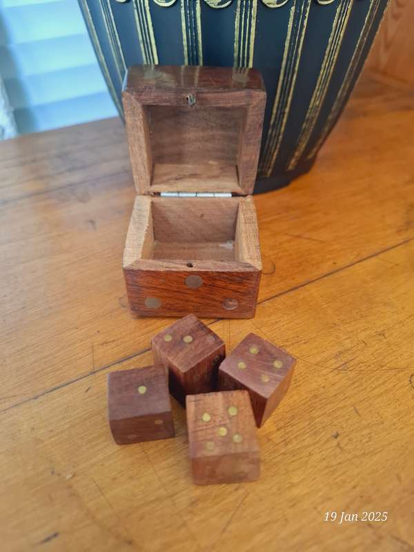 Vintage Wood and Brass Dice Box including 4 x wood dice