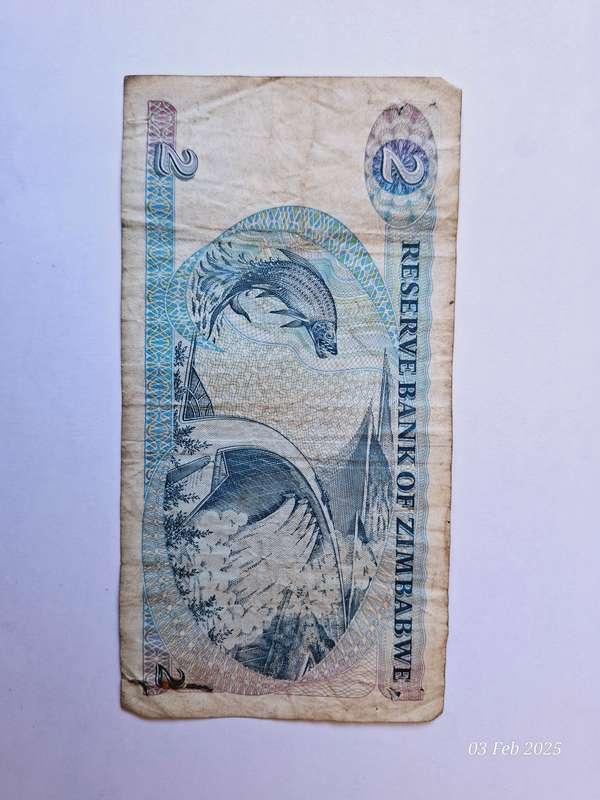 Reserve bank of Zimbabwe 2 Dollars circulated bank note of 1980's