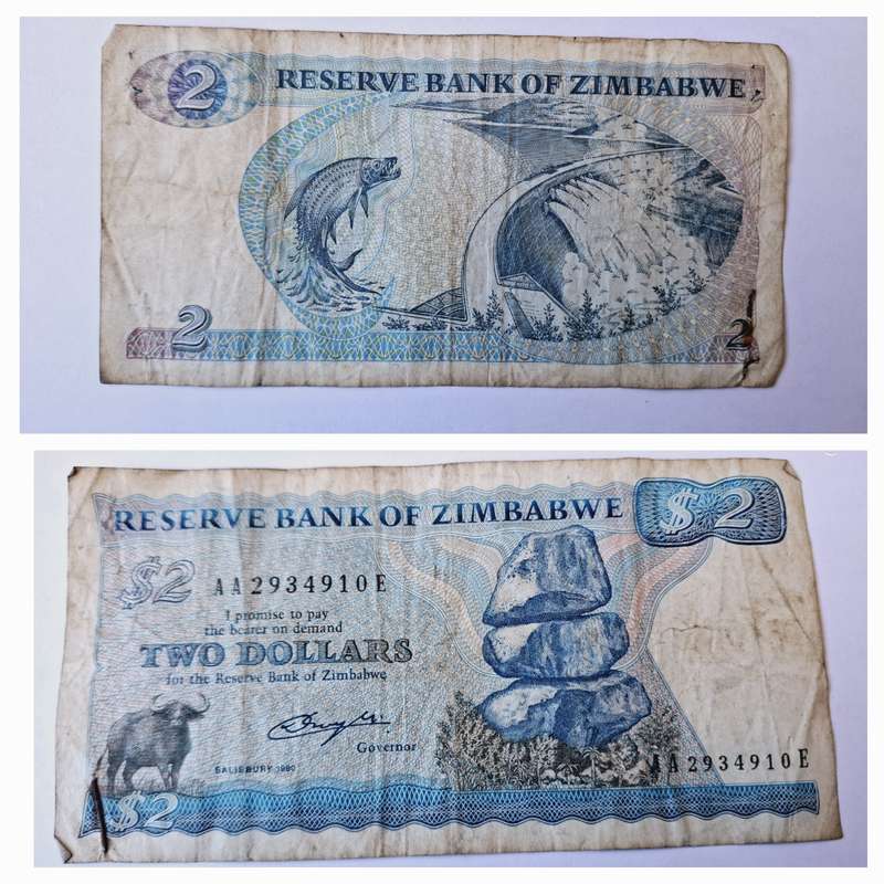Reserve bank of Zimbabwe 2 Dollars circulated bank note of 1980's