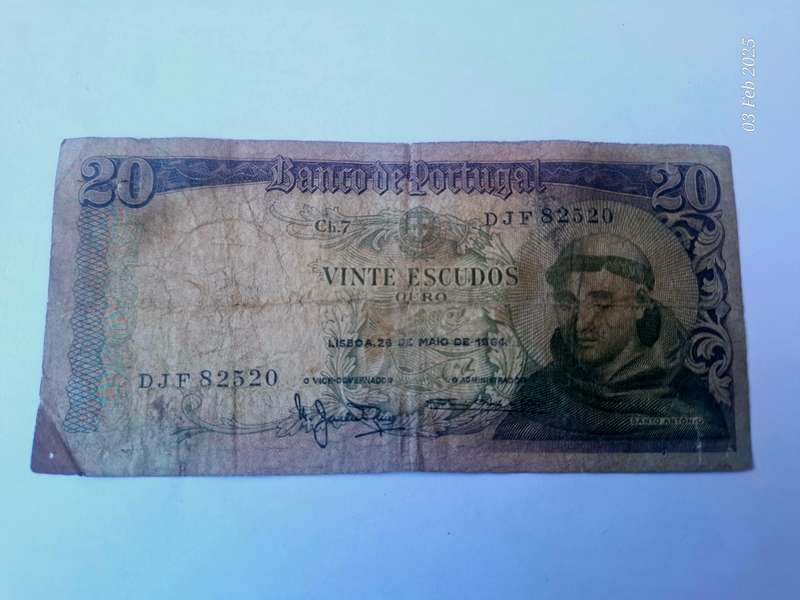 1964 Bank of portugal 20 Vinte Escudos note