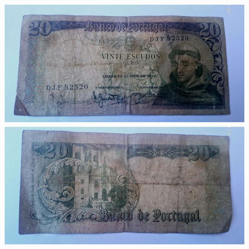 1964 Bank of portugal 20 Vinte Escudos note