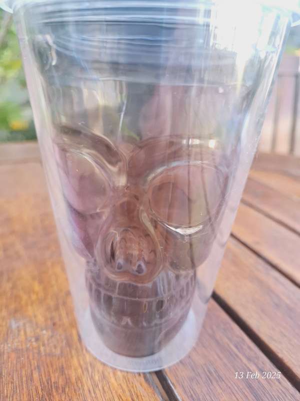 Skull drink glass with twist lid and 2 x straws