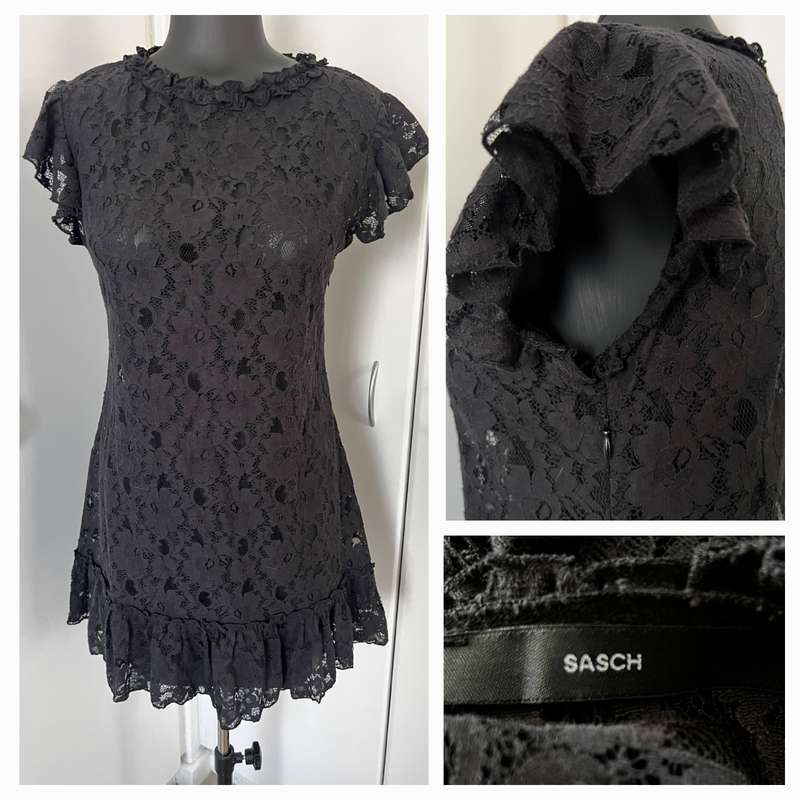 SASH see through black lace mini dress with side zip - XS