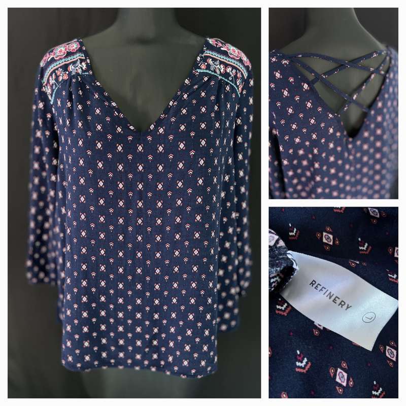 Refinery: Navy boho top with strap detail on back and tassles from cuffs - Size L