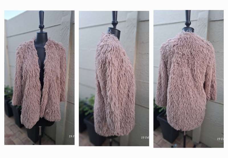Dusty pink fur coat by Cape town designer Cindy Bam. Size M