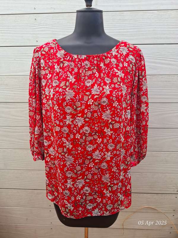 Contempo red floral lined top with see-through sleeves - Size 16