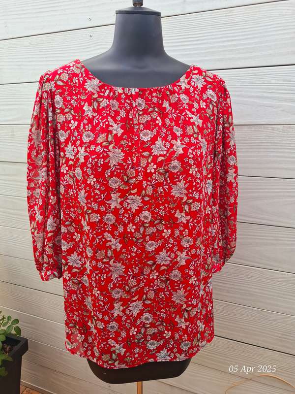 Contempo red floral lined top with see-through sleeves - Size 16