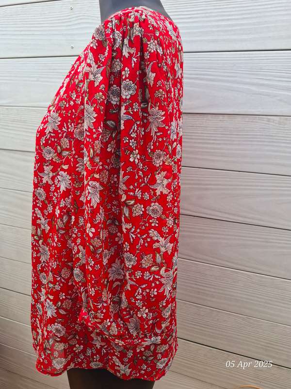 Contempo red floral lined top with see-through sleeves - Size 16