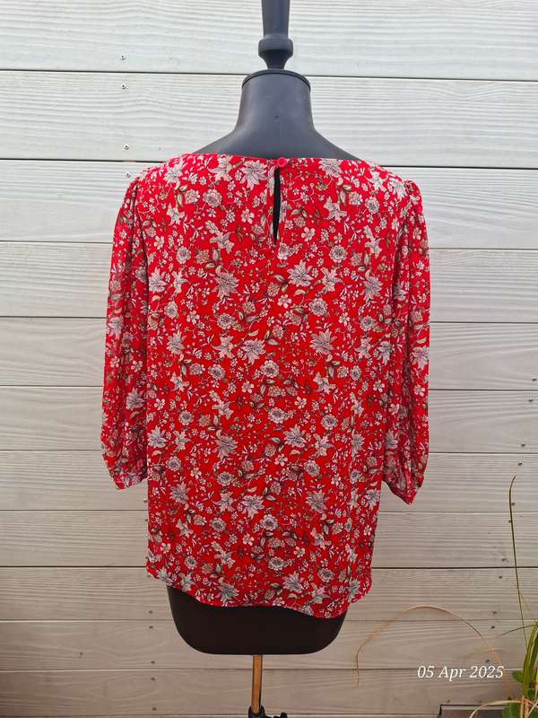 Contempo red floral lined top with see-through sleeves - Size 16
