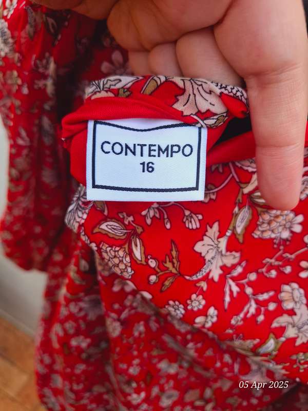 Contempo red floral lined top with see-through sleeves - Size 16