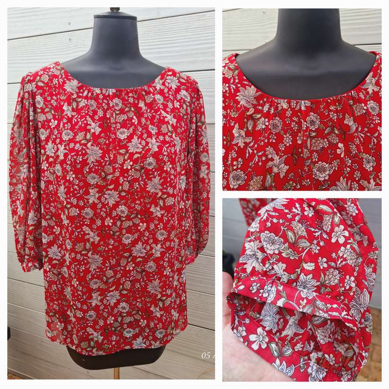 Contempo red floral lined top with see-through sleeves - Size 16