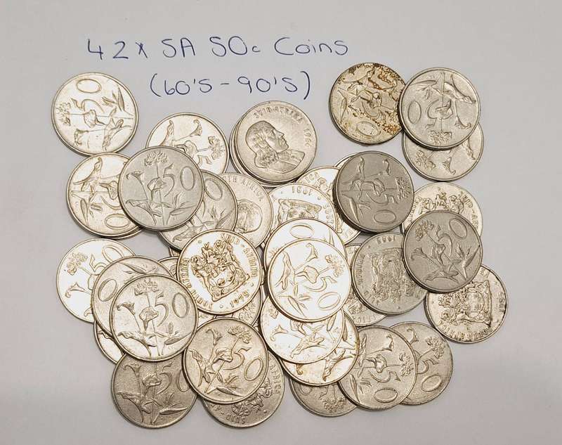 42x SA 50c circulated coins.  Various years between 60' and 90's.