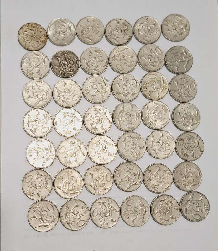 42x SA 50c circulated coins.  Various years between 60' and 90's.