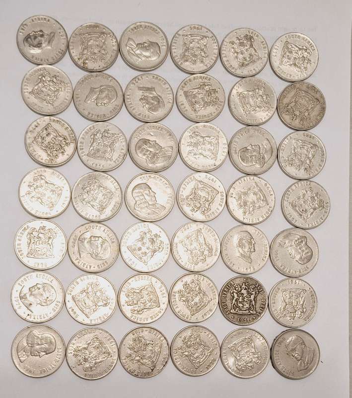 42x SA 50c circulated coins.  Various years between 60' and 90's.