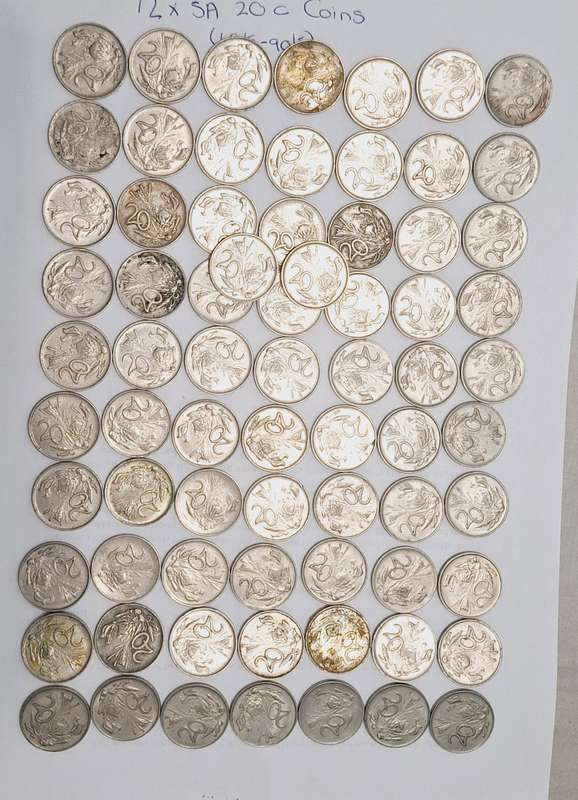 72 x SA 20c circulated coins  Years between 60'and 90's