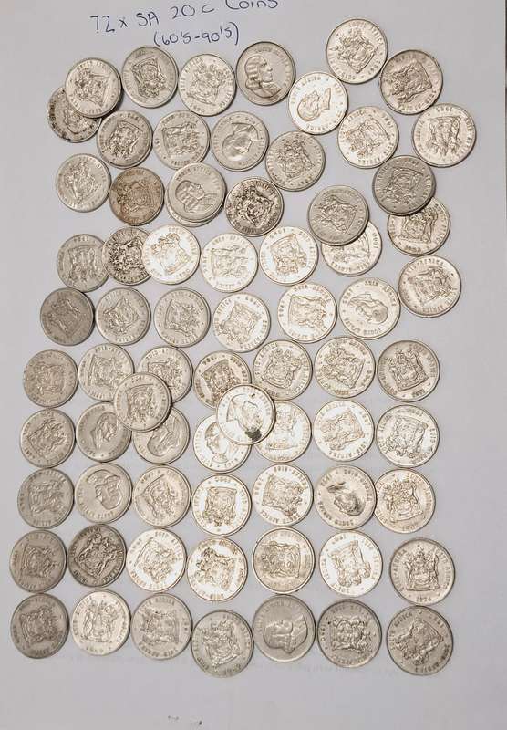 72 x SA 20c circulated coins  Years between 60'and 90's