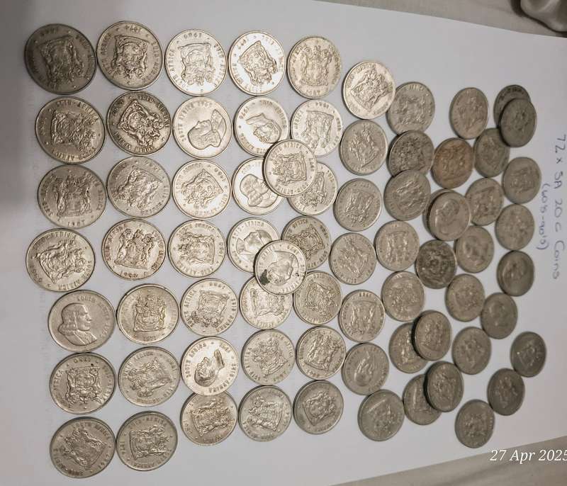 72 x SA 20c circulated coins  Years between 60'and 90's