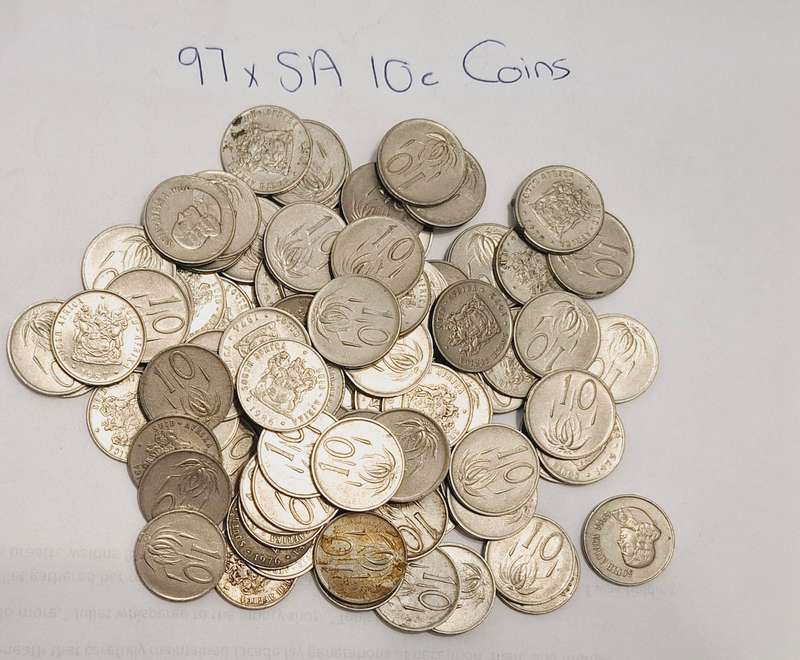 97 x SA 10c circulated coins  Years from 60's to 80's