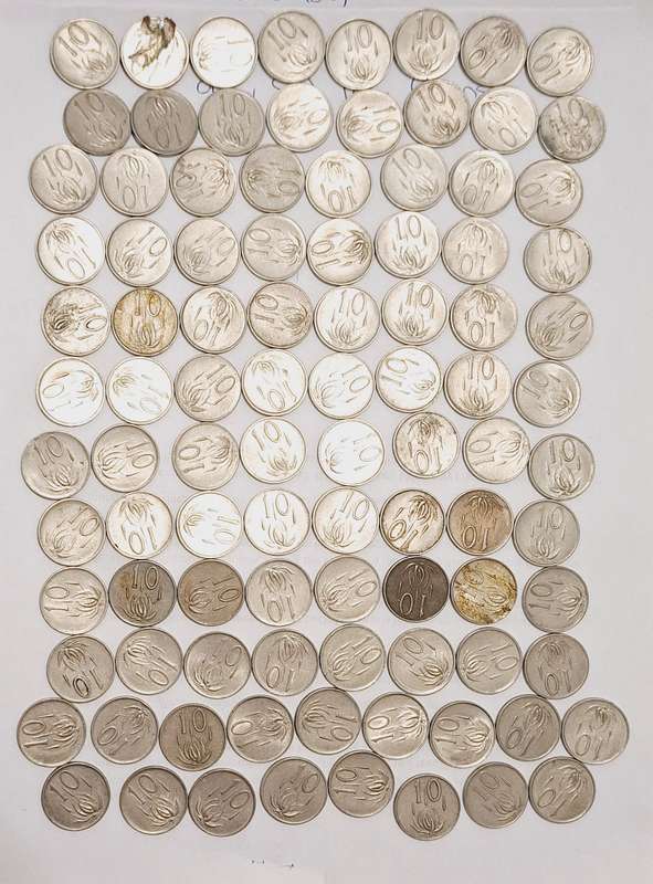97 x SA 10c circulated coins  Years from 60's to 80's