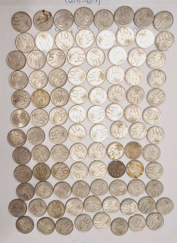 97 x SA 10c circulated coins  Years from 60's to 80's