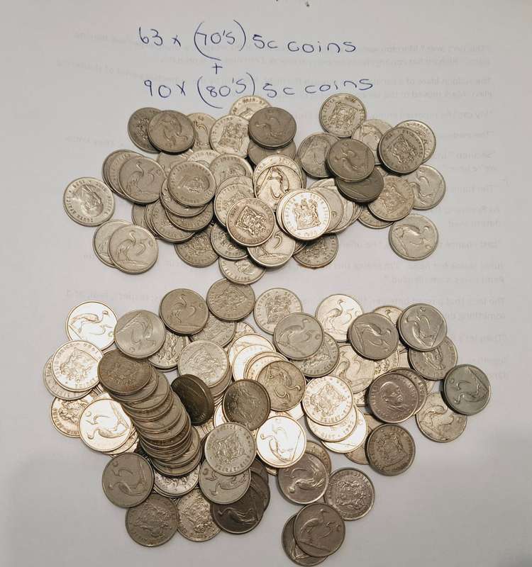 153 x SA 5c coins Years between 70's and 80's