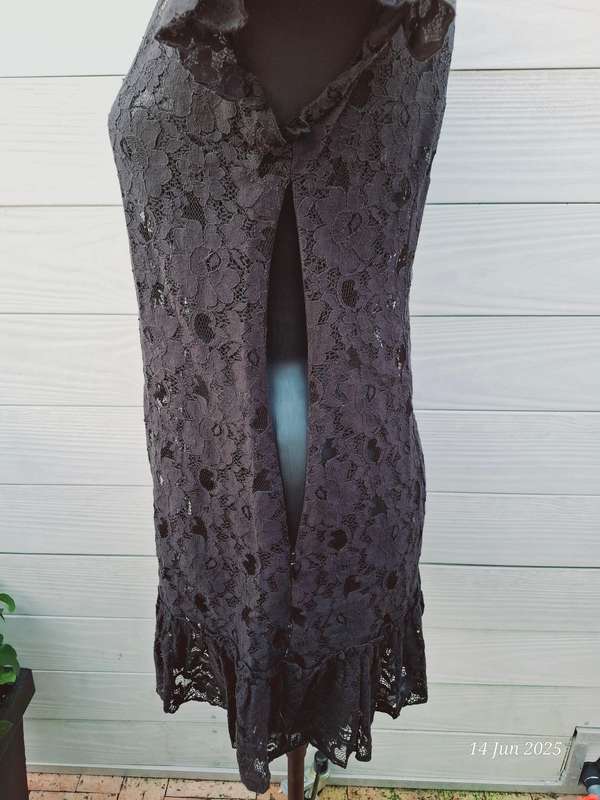 SASH see through black lace mini dress with side zip - XS