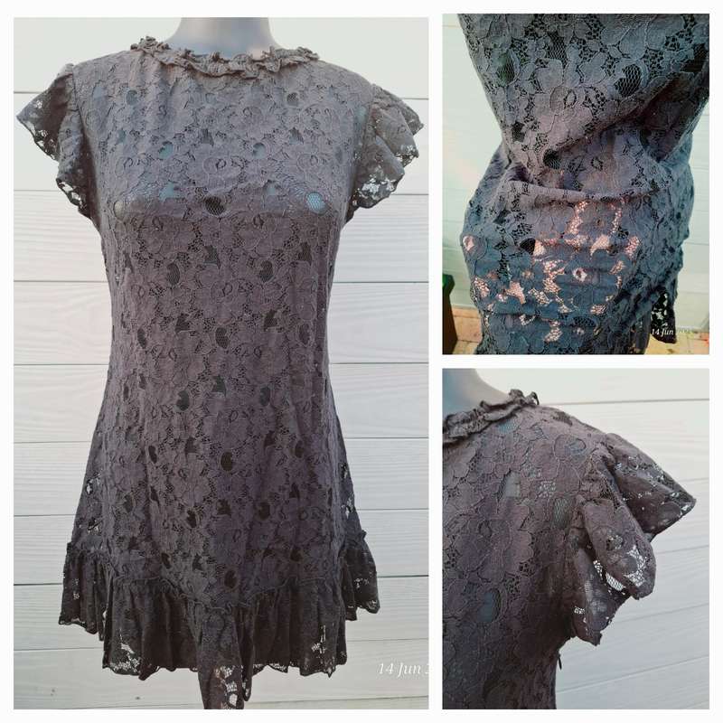 SASH see through black lace mini dress with side zip - XS