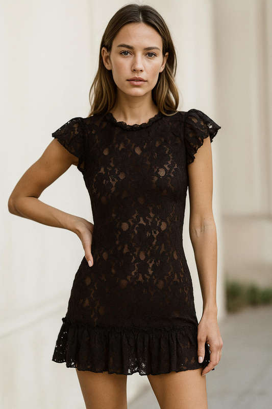 SASH see through black lace mini dress with side zip - S