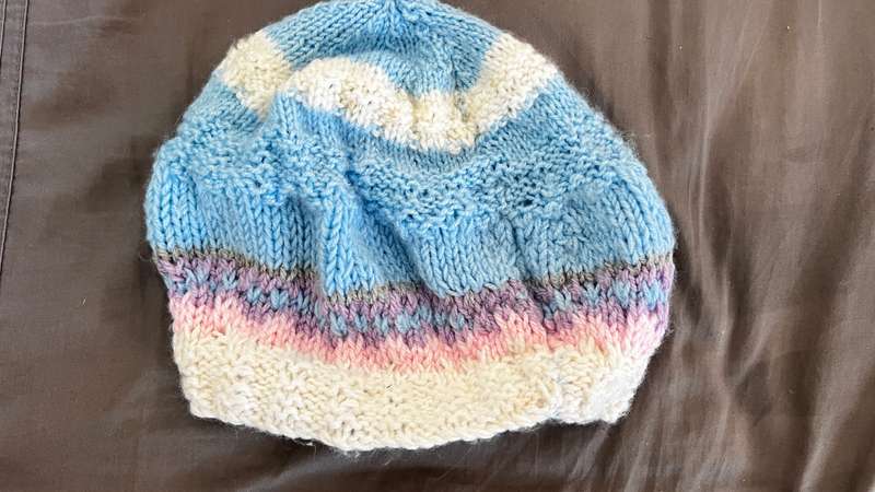 Cream, blue, pink handmade beanie
