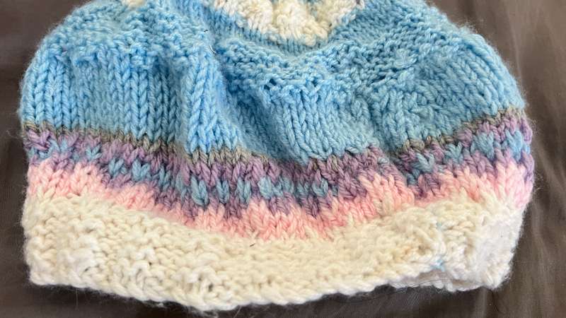 Cream, blue, pink handmade beanie