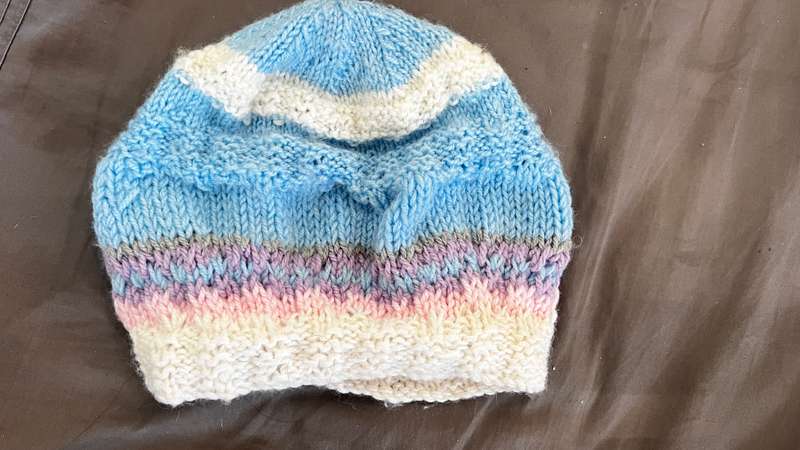 Cream, blue, pink handmade beanie
