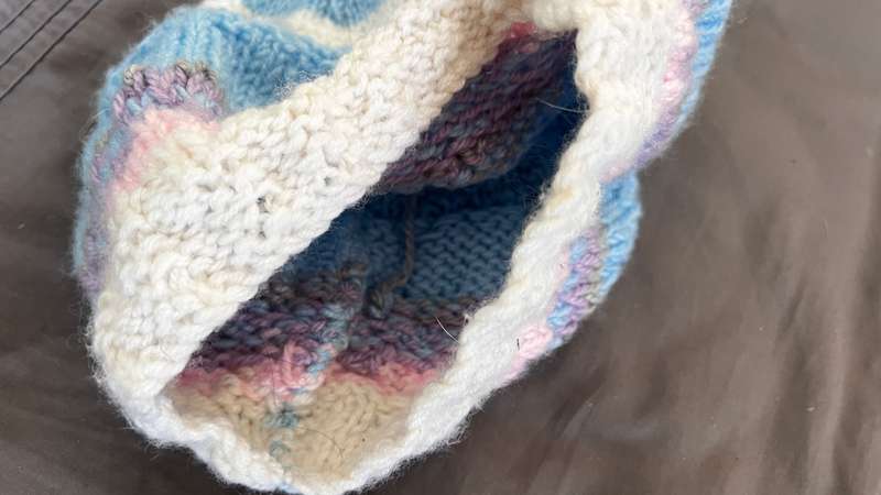 Cream, blue, pink handmade beanie